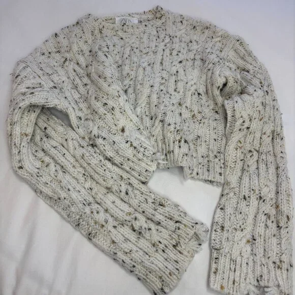 ZARA KID'S GIRL Cream Flecked Distressed Cropped Cable-Knit Sweater, 13-14 Years - Picture 14 of 14